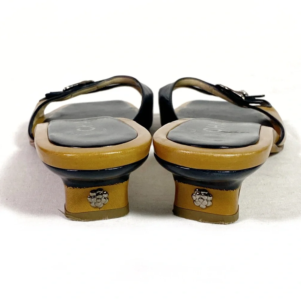Chanel Vintage Y2K Black Tan Leather Camellia Mules Sandals Kitten Heels